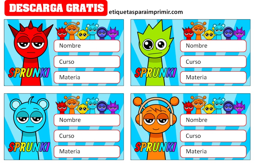 Etiquetas escolares Sprunki en blanco gratis
