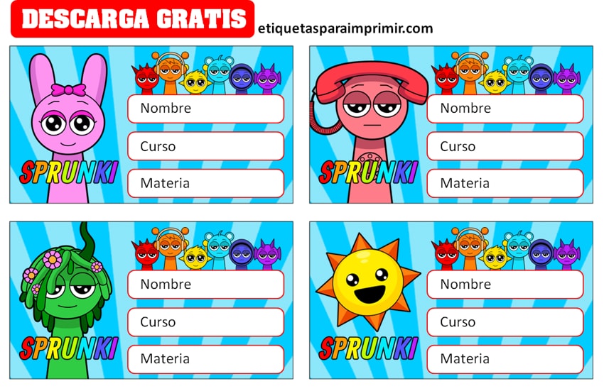 Etiquetas escolares de SPRUNKI para descargar gratis